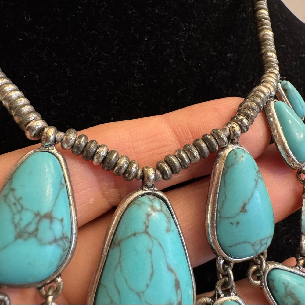 Lucky Brand Signed Faux Turquoise Stone Silver Tone Jewelry Chunky Boho Necklace - Picture 5 of 16
